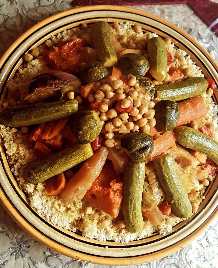 Couscous with seven vegetables: carrots, zucchini, pumpkin, cabbage, turnip, tomato and chickpeas