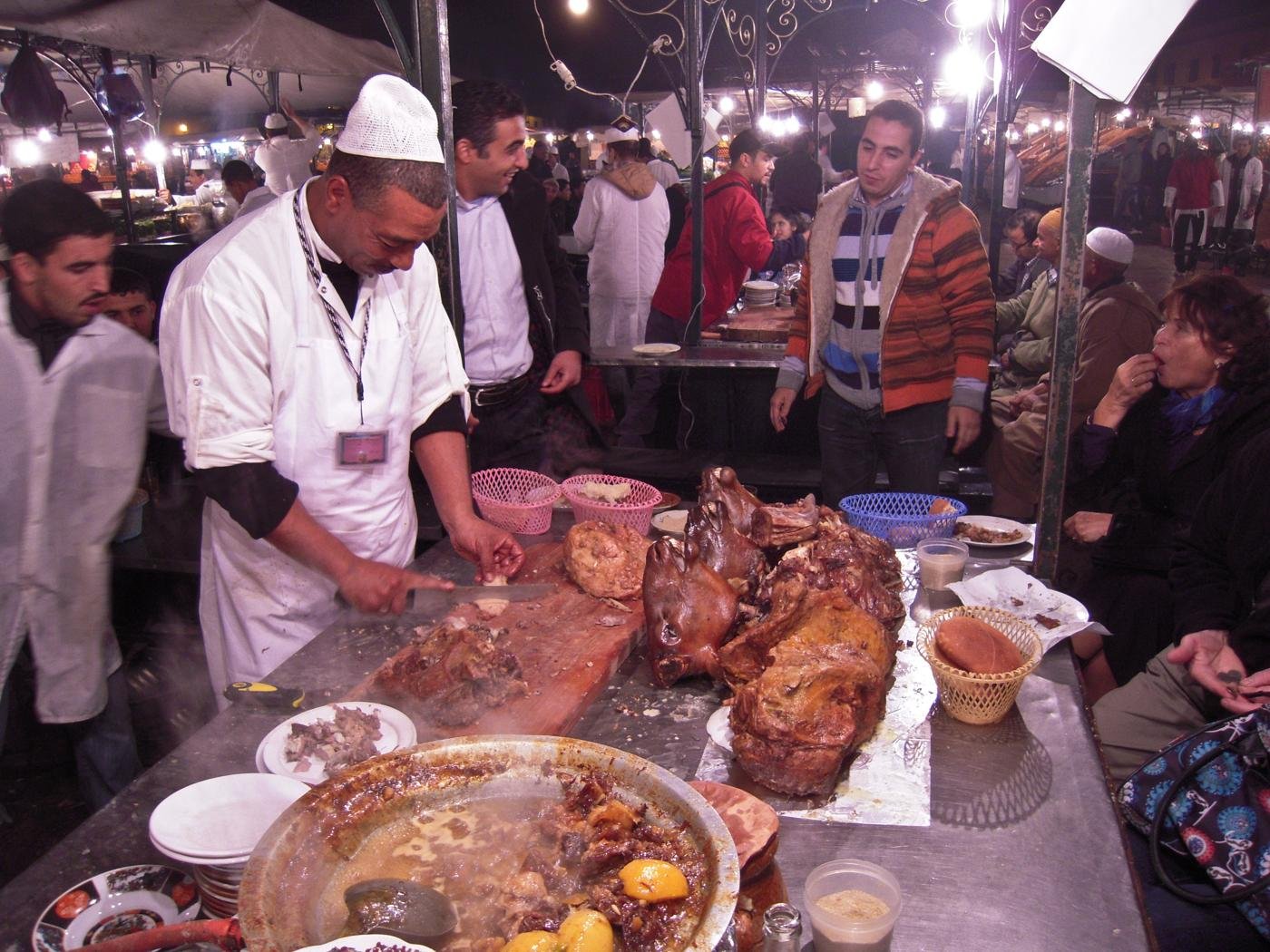 A busy night food stall in Jemaa el-Fna, Marrakech