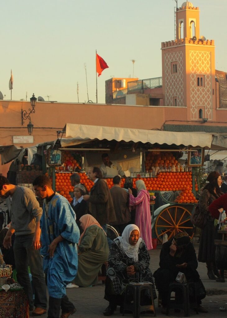 Fresh orange juice stands in a Marrakech market