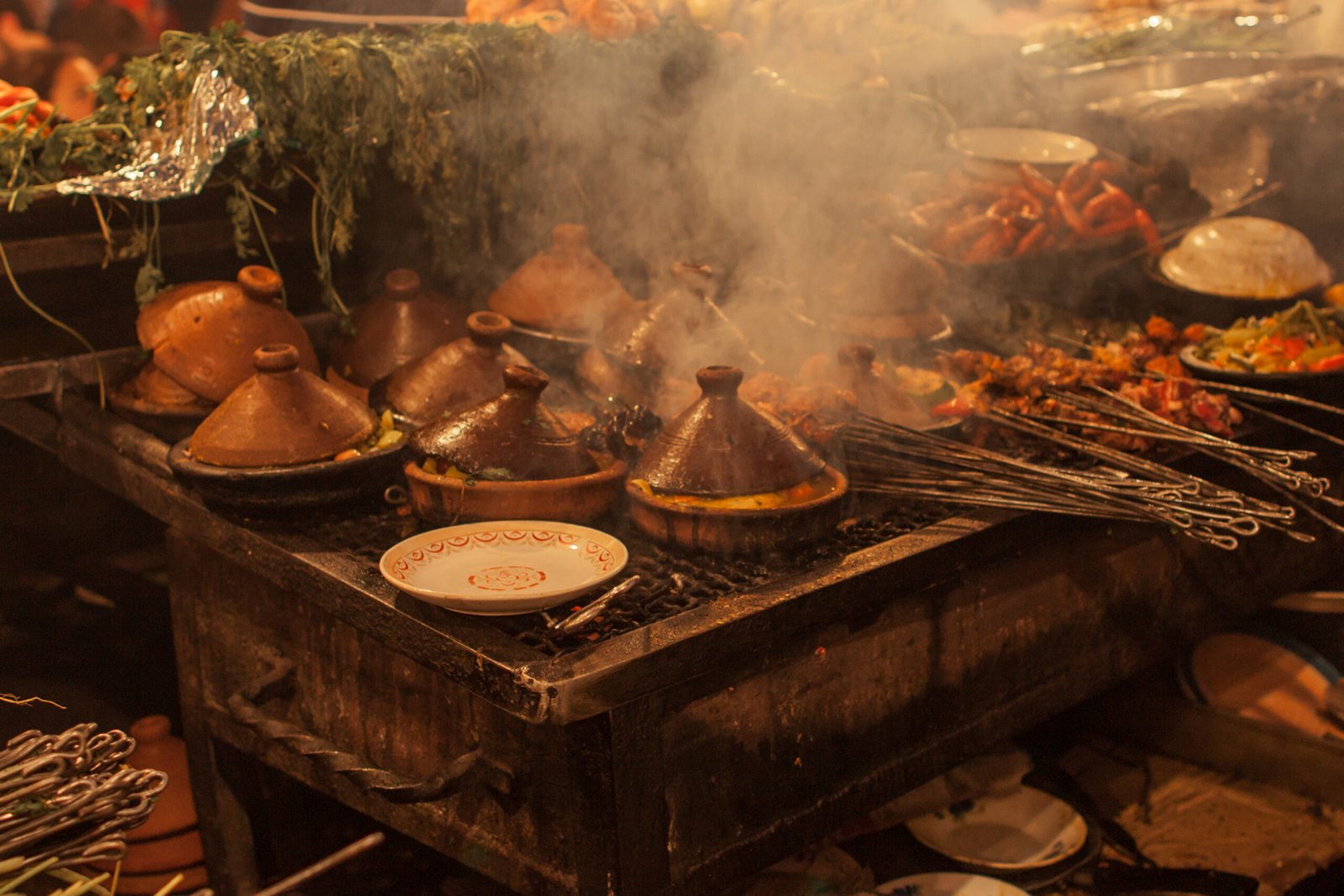 Restaurant terrace on Jemaa el-Fna square in Marrakech at night