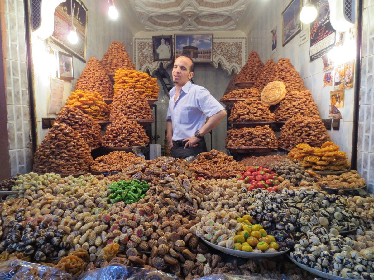 Display of Moroccan pastries in a Marrakech patisserie
