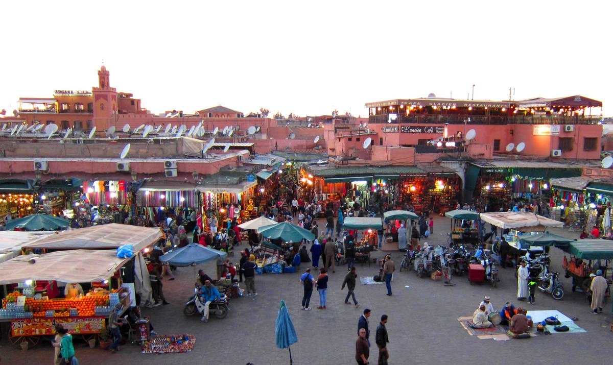 Jemaa el-Fna square seen from a café rooftop terrace in Marrakech