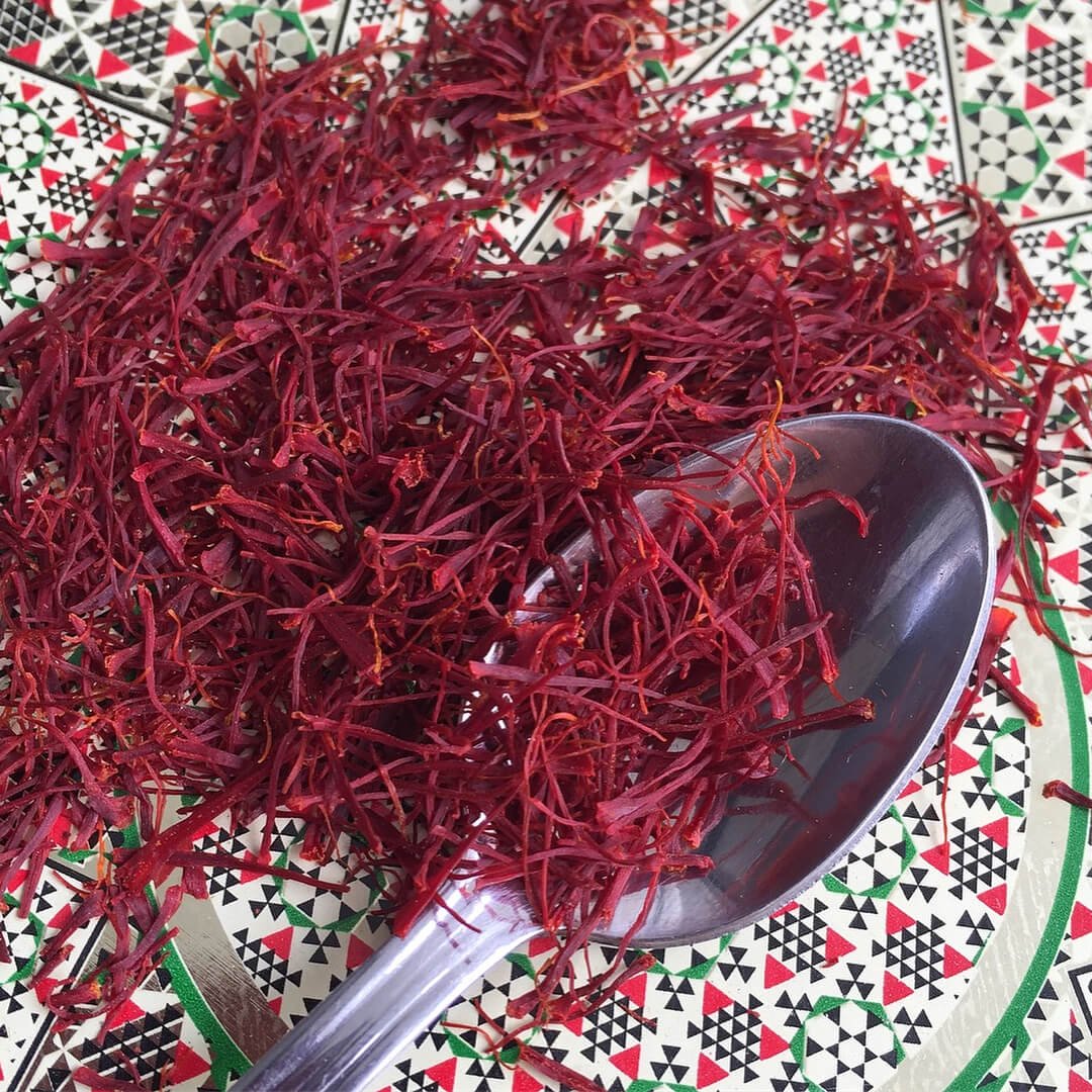 Close-up of real saffron threads showing their deep red color