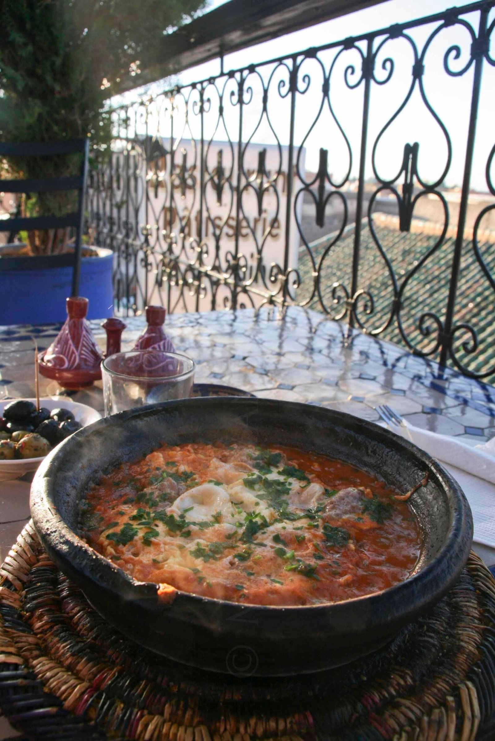 Kefta tagine — spiced meatballs simmered in tomato sauce in a Moroccan tagine